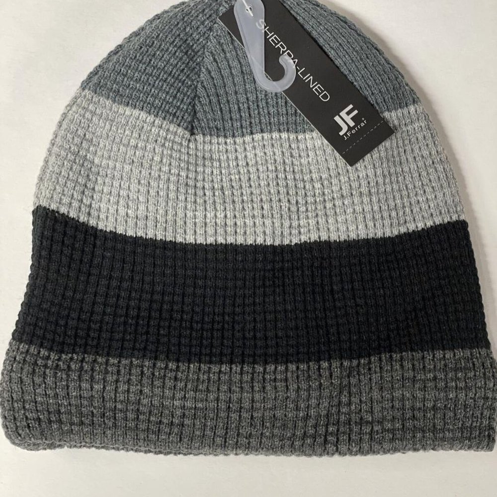 J FERRAR WINTER HAT BEANIE  STRIPED GREY BRAND NEW WITH TAG, Retails For $22